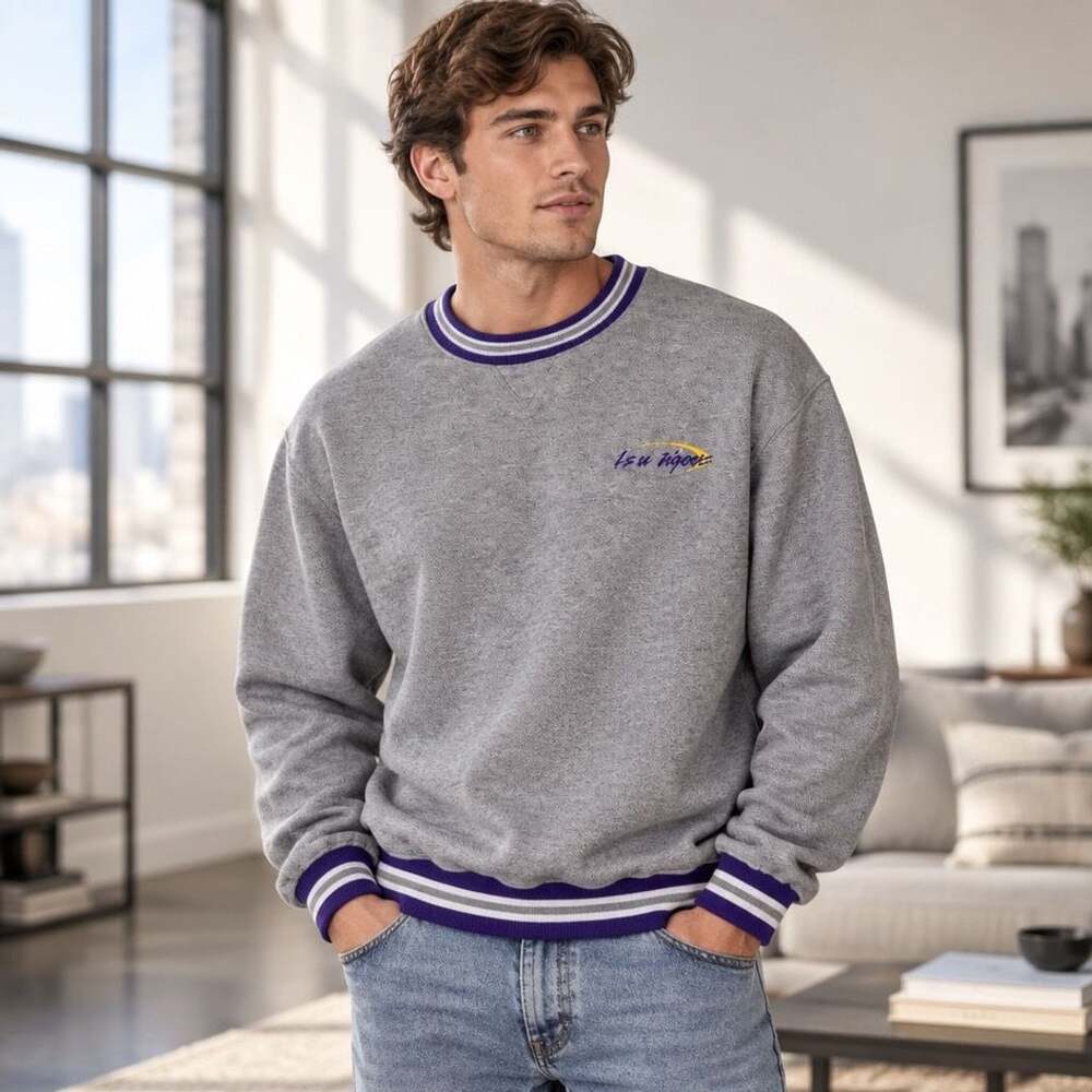 90’s Vintage LSU Tigers Fade Route Crew Fleece Ringer Sweatshirt Grey XL